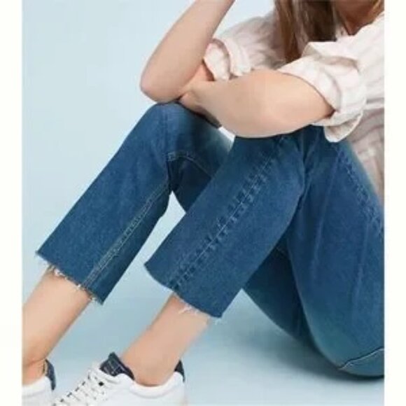 Pilcro and the Letterpress Slim Boyfriend Stretch Raw Hem Distressed Blue Jeans - Picture 1 of 14